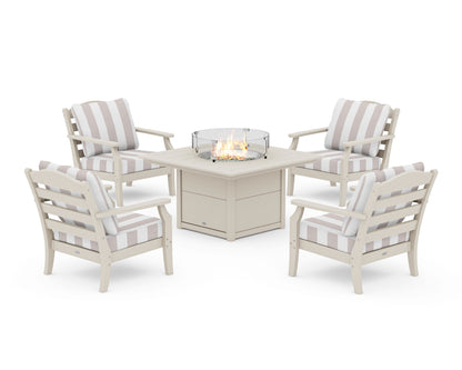 Draper James™ by  POLYWOOD® Savannah 5-Piece Deep Seating Set with Fire Pit Table in Sand / Cabana Stripe Dune Burlap