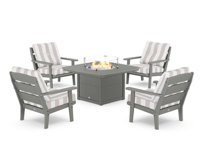 POLYWOOD® Lakeside 5-Piece Deep Seating Set with Nautical Fire Pit Table in Slate Grey / Cabana Stripe Dune Burlap