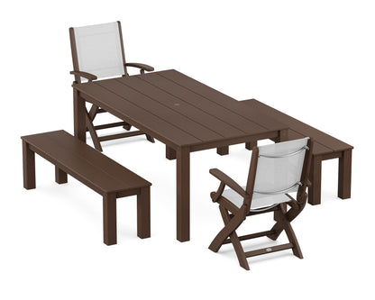 POLYWOOD® Coastal Folding Chair 5-Piece Parsons Dining Set with Benches in Mahogany / White Sling
