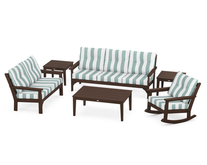 POLYWOOD® Vineyard 6-Piece Deep Seating Set in Mahogany / Cabana Stripe Glacier Spa