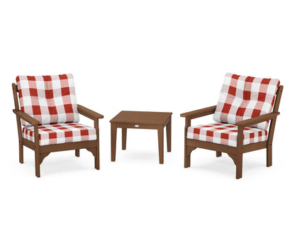 POLYWOOD® Vineyard 3-Piece Deep Seating Set in Teak / Buffalo Plaid Crimson