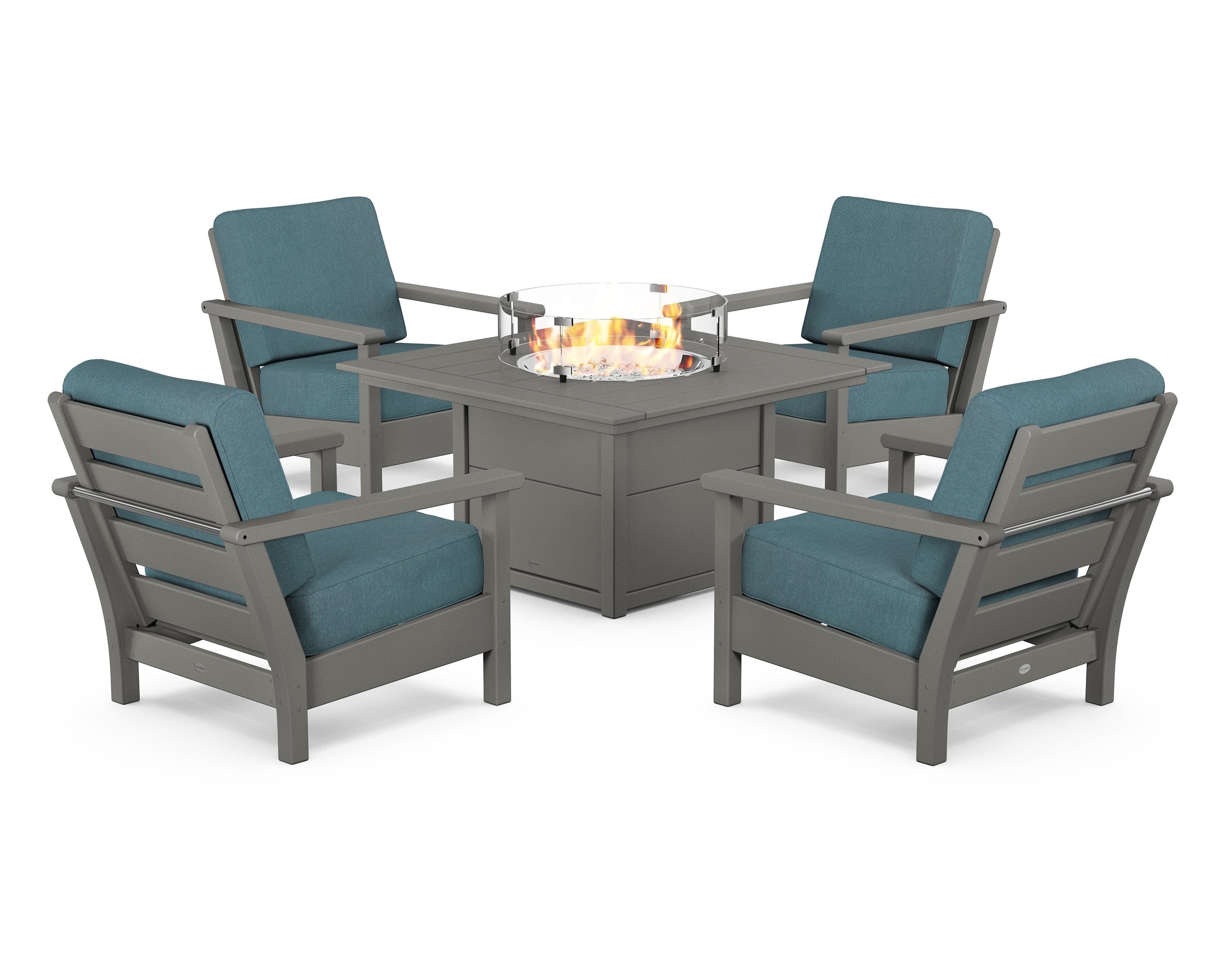 POLYWOOD® Harbour 5-Piece Conversation Set with Fire Pit Table in Slate Grey / Ocean Teal