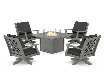 Country Living Wovendale 5-Piece Deep Seating Swivel Conversation Set with Fire Pit Table in Slate Grey / Spectrum Carbon