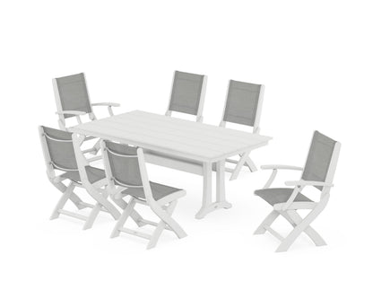 POLYWOOD® Coastal Folding Chair 7-Piece Farmhouse Dining Set with Trestle Legs in White / Metallic Sling