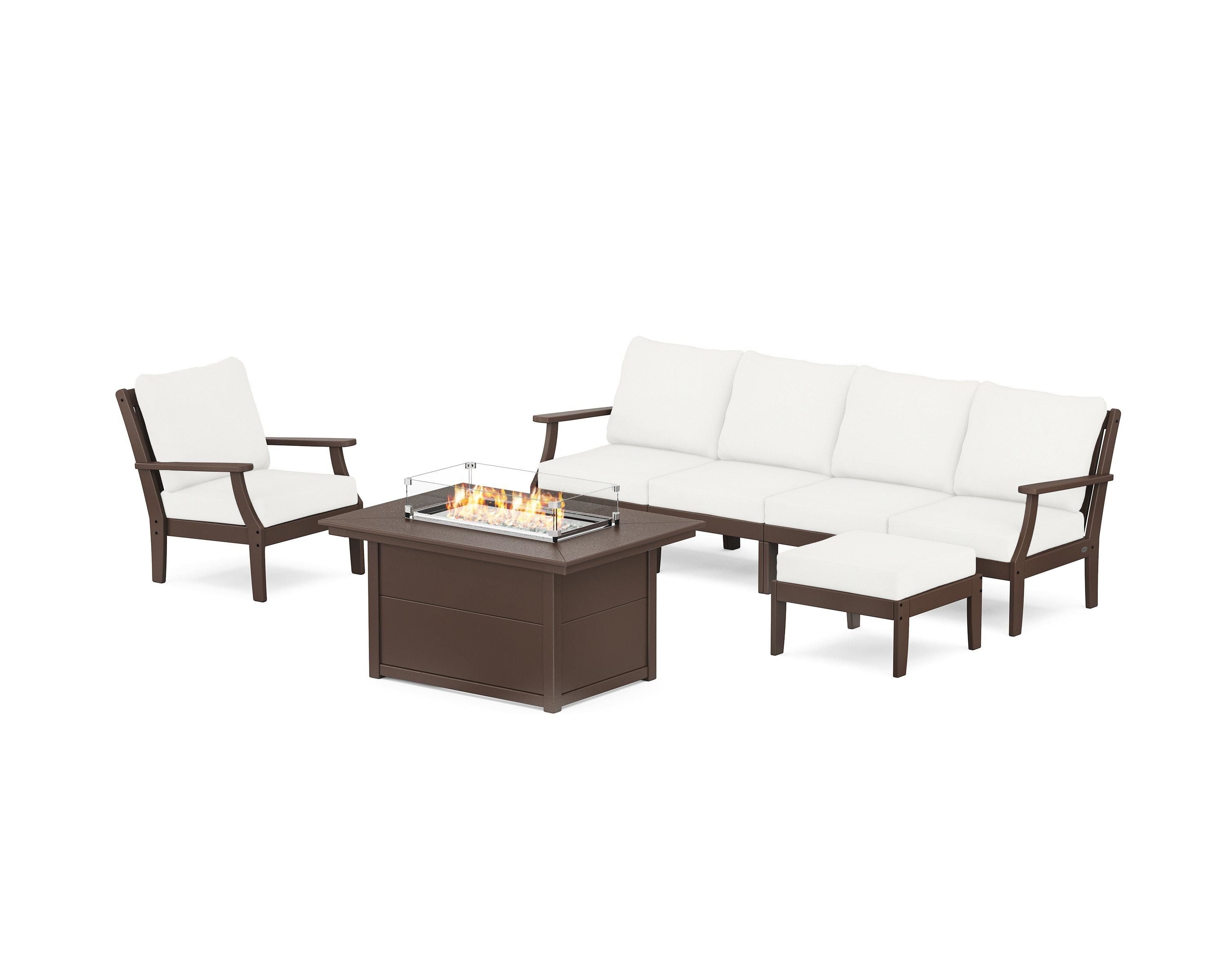 POLYWOOD® Braxton Sectional Lounge and Fire Pit Set in Mahogany / Natural Linen