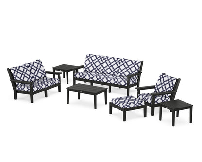 POLYWOOD® Chippendale 7-Piece Deep Seating Set in Black / Trellis Navy