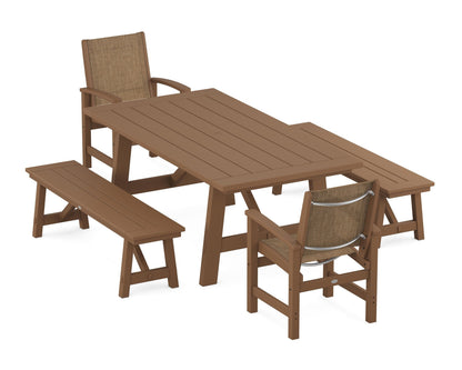 POLYWOOD® Coastal 5-Piece Rustic Farmhouse Dining Set With Benches in Teak / Burlap Sling