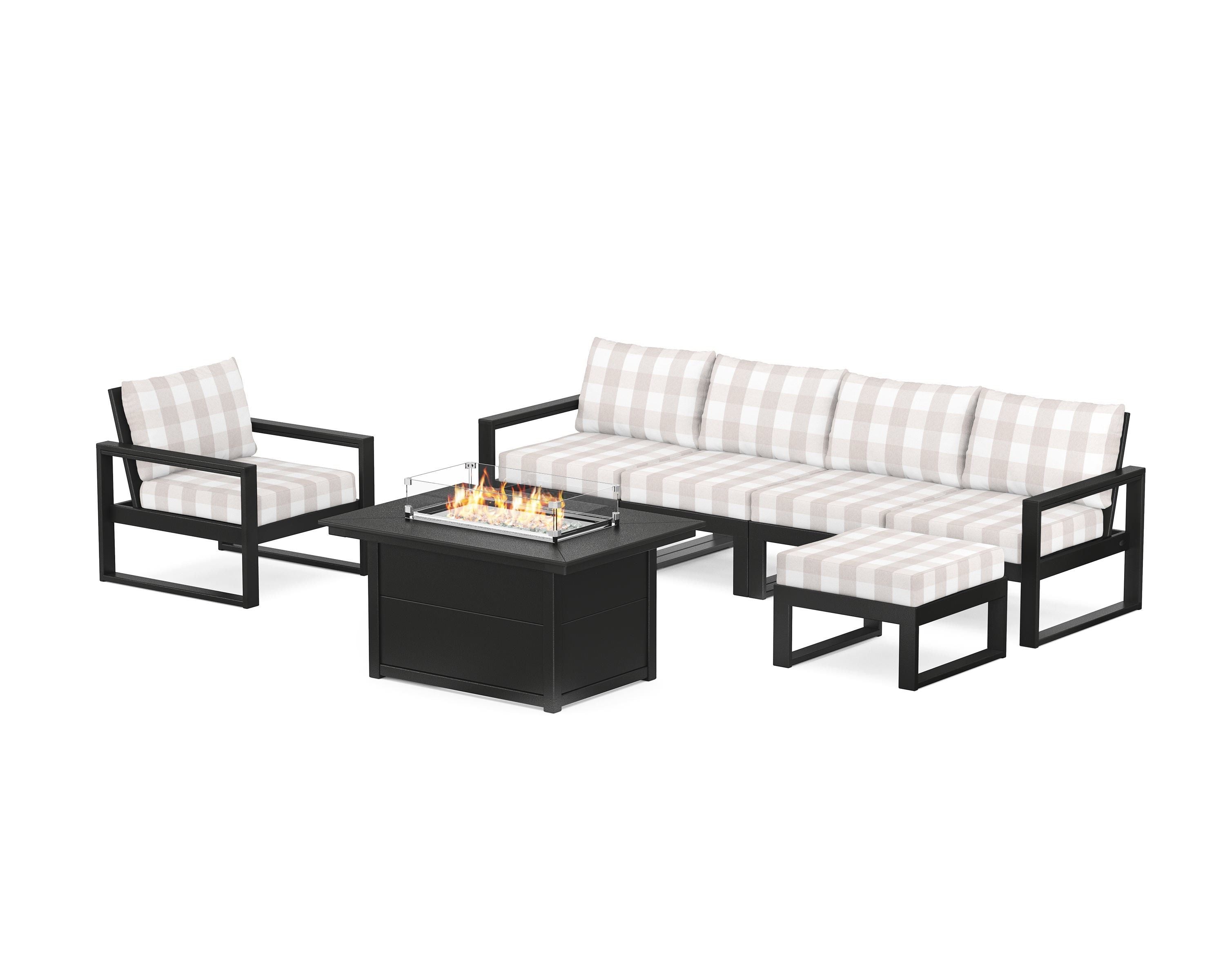 POLYWOOD® EDGE Sectional Lounge and Fire Pit Set in Black / Buffalo Plaid Dune Burlap