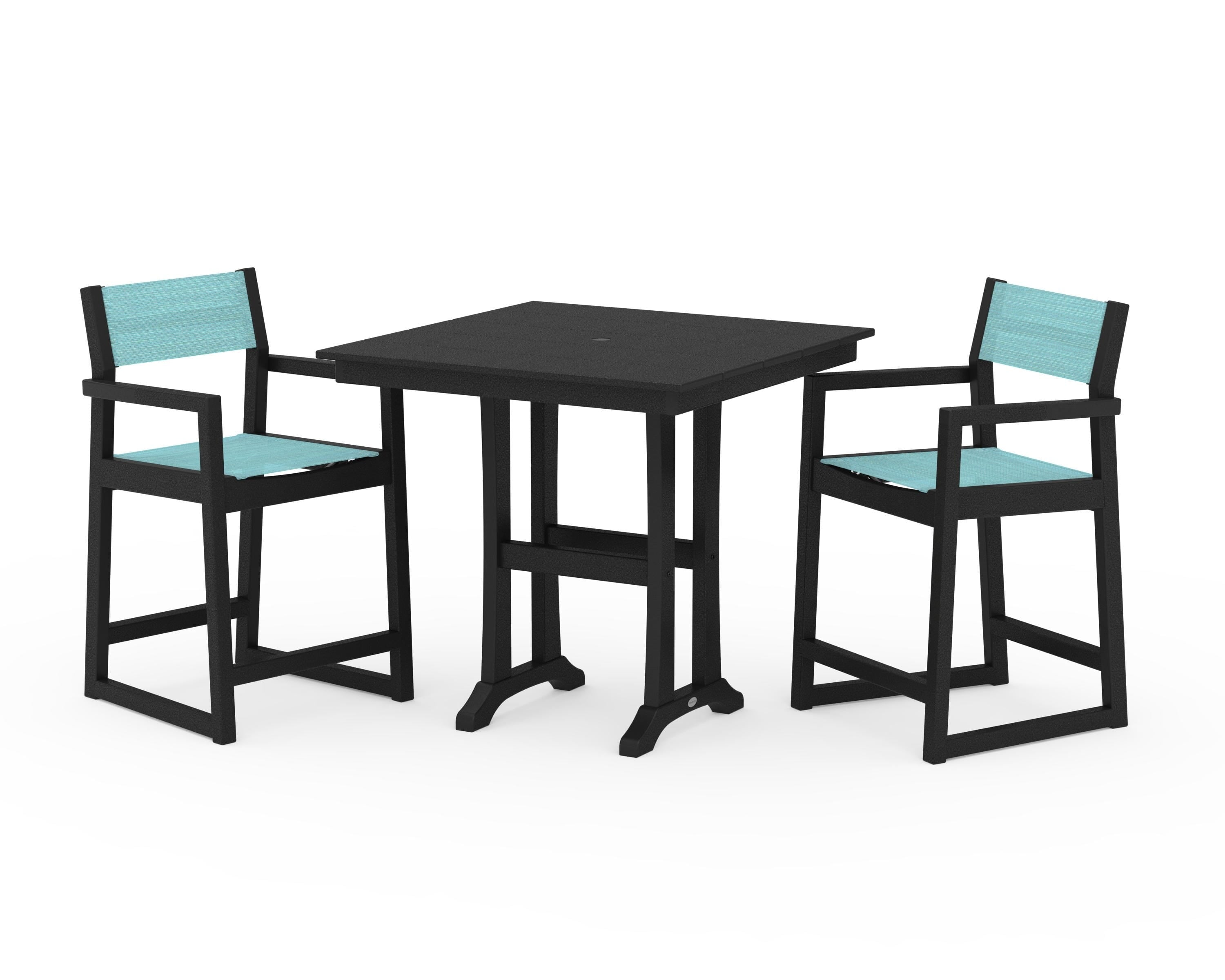 POLYWOOD® EDGE Sling Arm Chair 3-Piece Farmhouse Counter Set with Trestle Legs in Black / Dupioni Aquamarine Sling