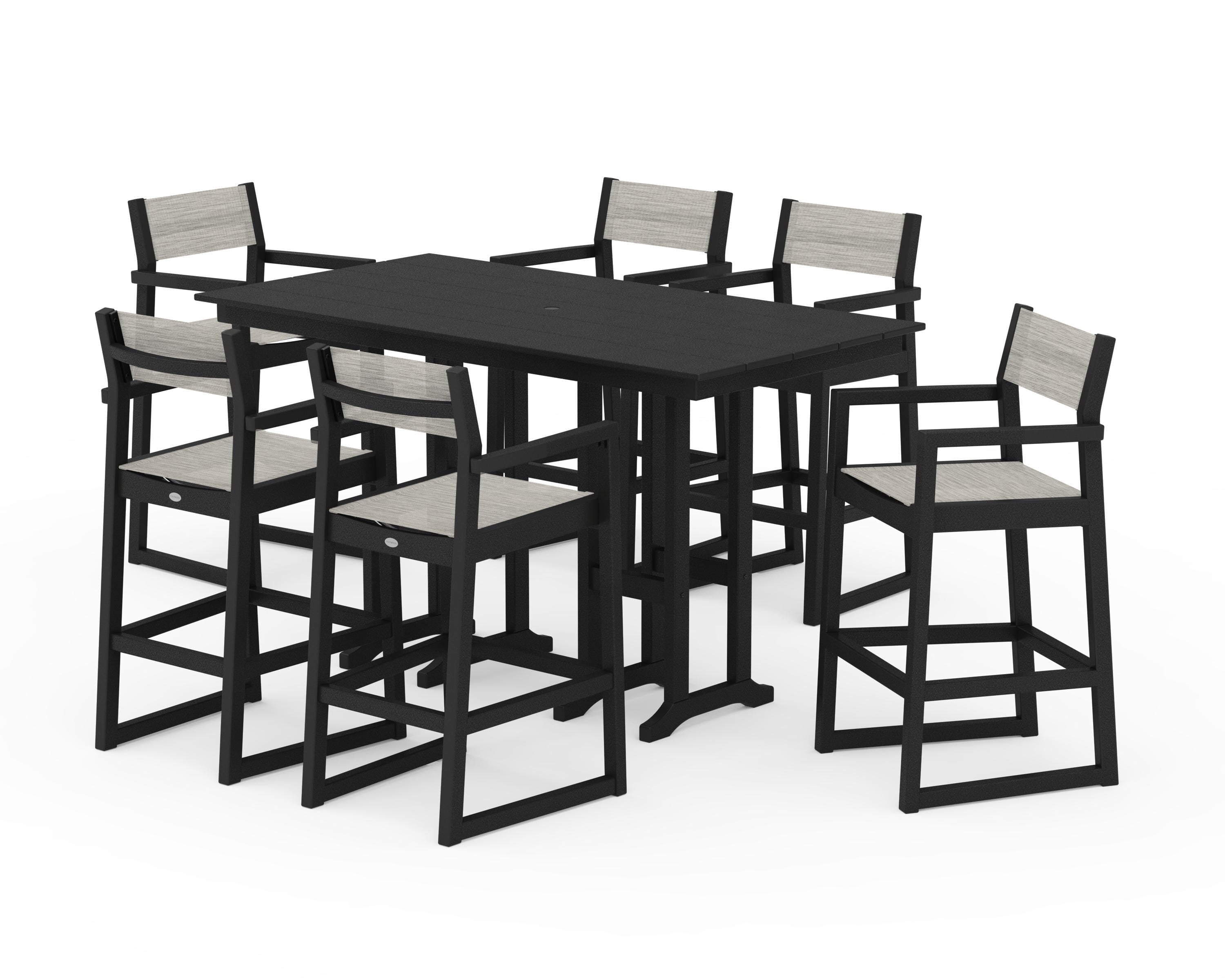 POLYWOOD® EDGE Sling Arm Chair 7-Piece Farmhouse Bar Set in Black / Birch Sling