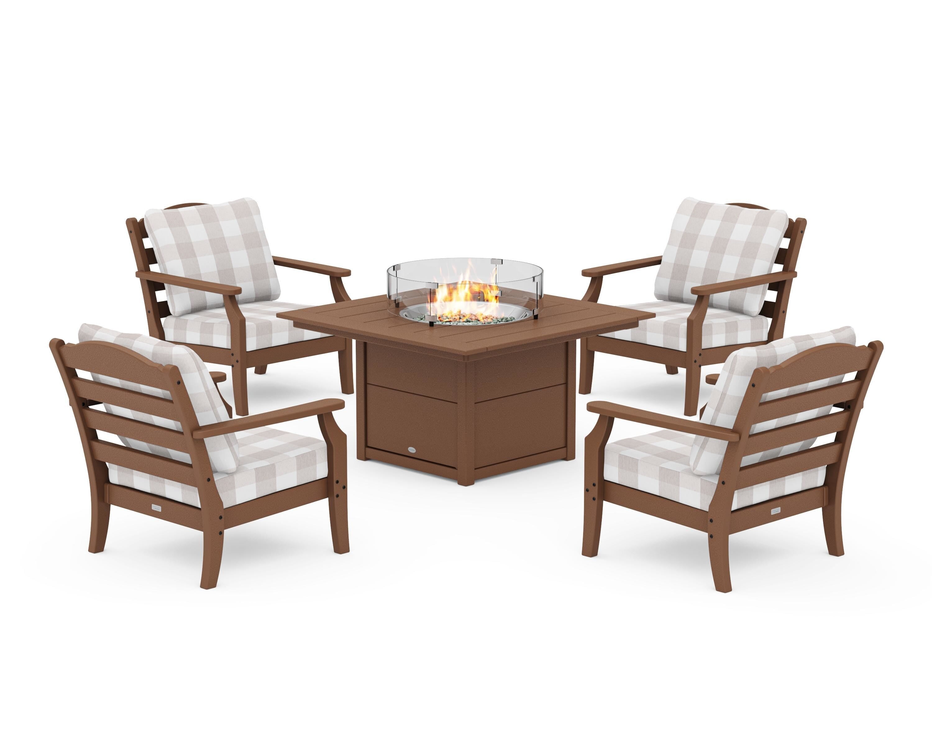 Draper James™ by  POLYWOOD® Savannah 5-Piece Deep Seating Set with Fire Pit Table in Teak / Buffalo Plaid Dune Burlap