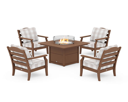 Draper James™ by  POLYWOOD® Savannah 5-Piece Deep Seating Set with Fire Pit Table in Teak / Buffalo Plaid Dune Burlap