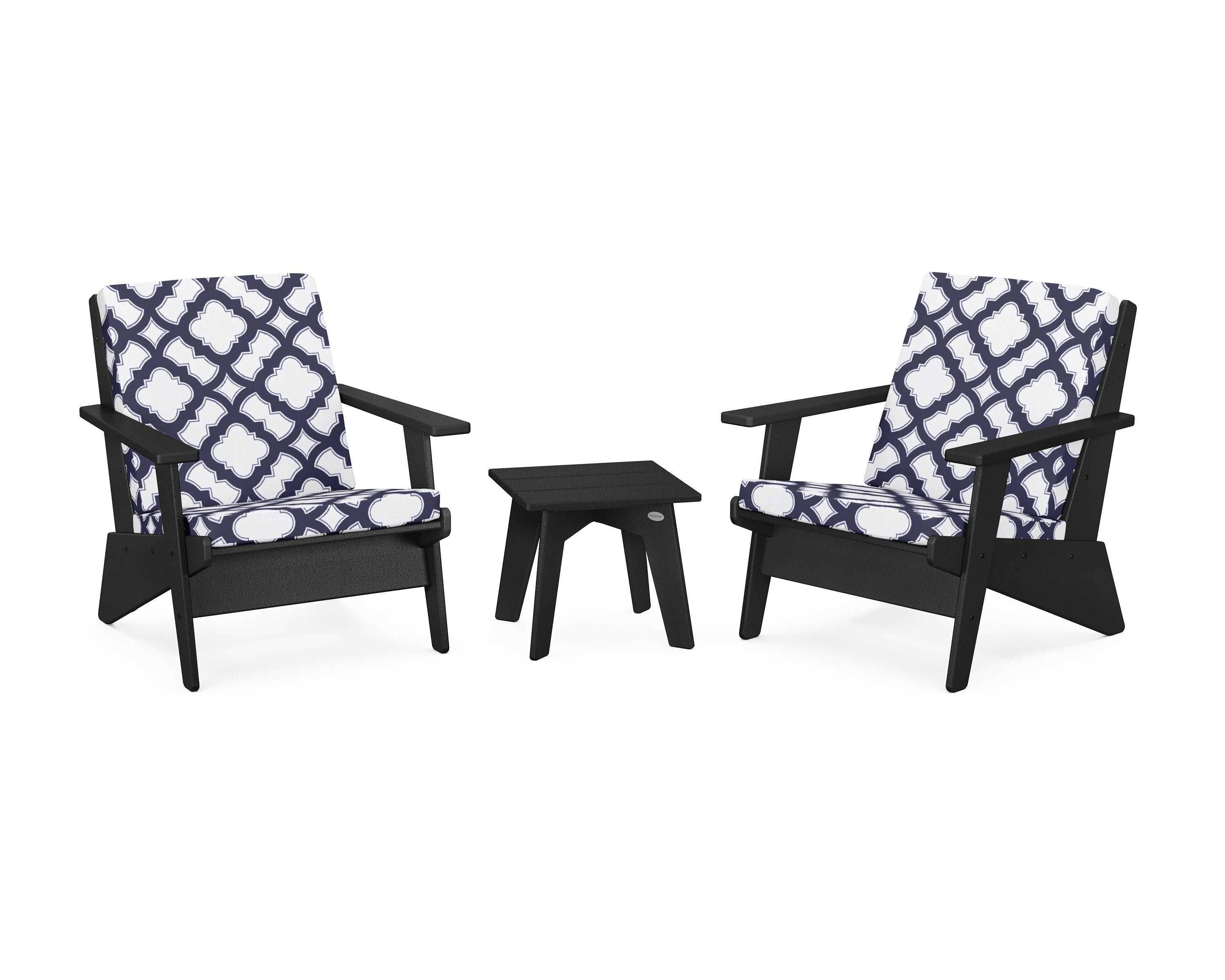 POLYWOOD® Riviera Modern Lounge 3-Piece Set in Black / Trellis Navy