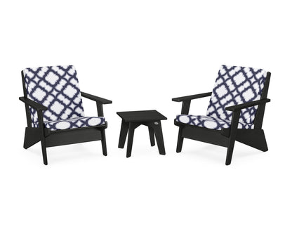 POLYWOOD® Riviera Modern Lounge 3-Piece Set in Black / Trellis Navy