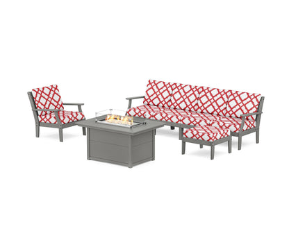 POLYWOOD® Braxton Sectional Lounge and Fire Pit Set in Slate Grey / Trellis Crimson