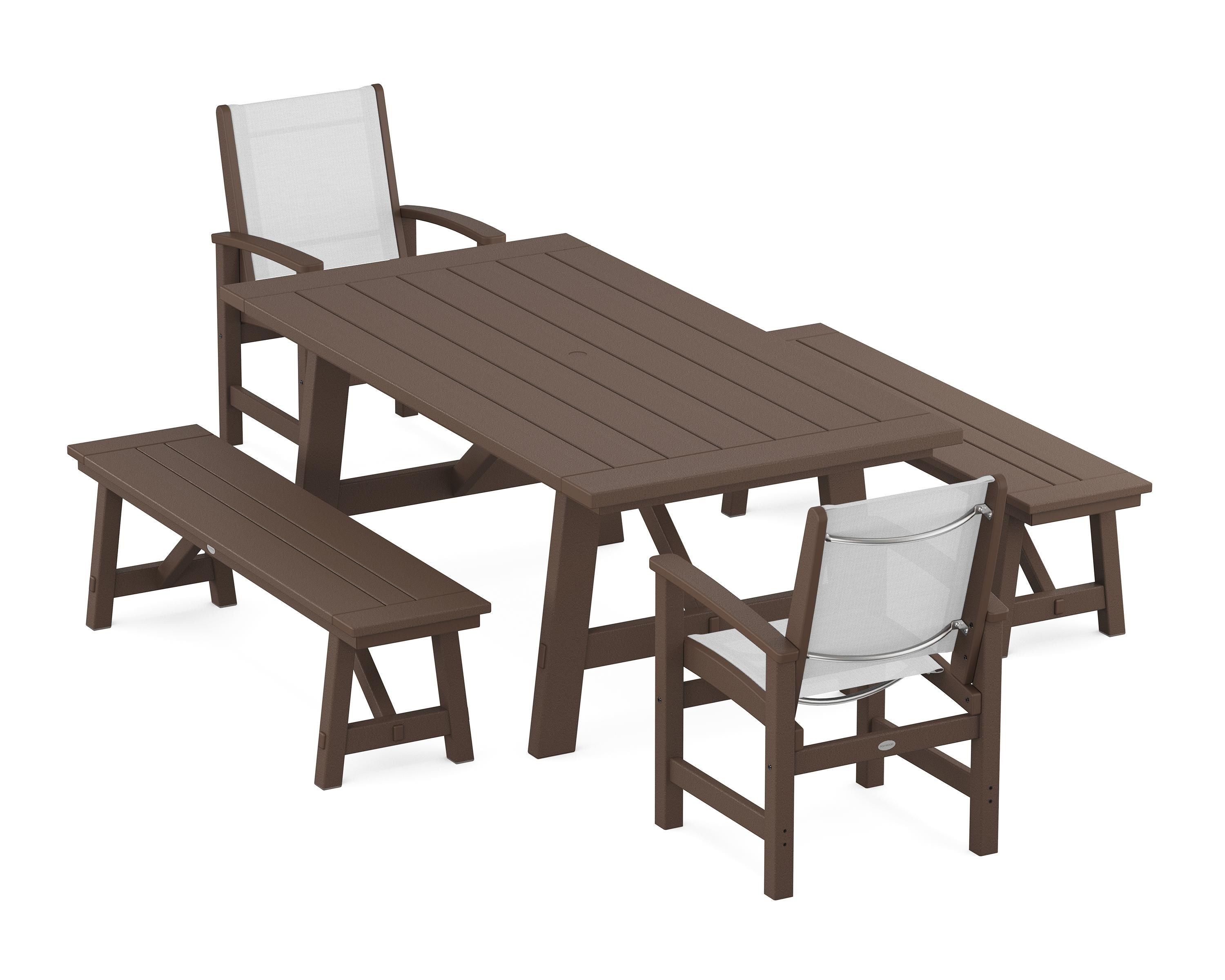 POLYWOOD® Coastal 5-Piece Rustic Farmhouse Dining Set With Benches in Mahogany / White Sling