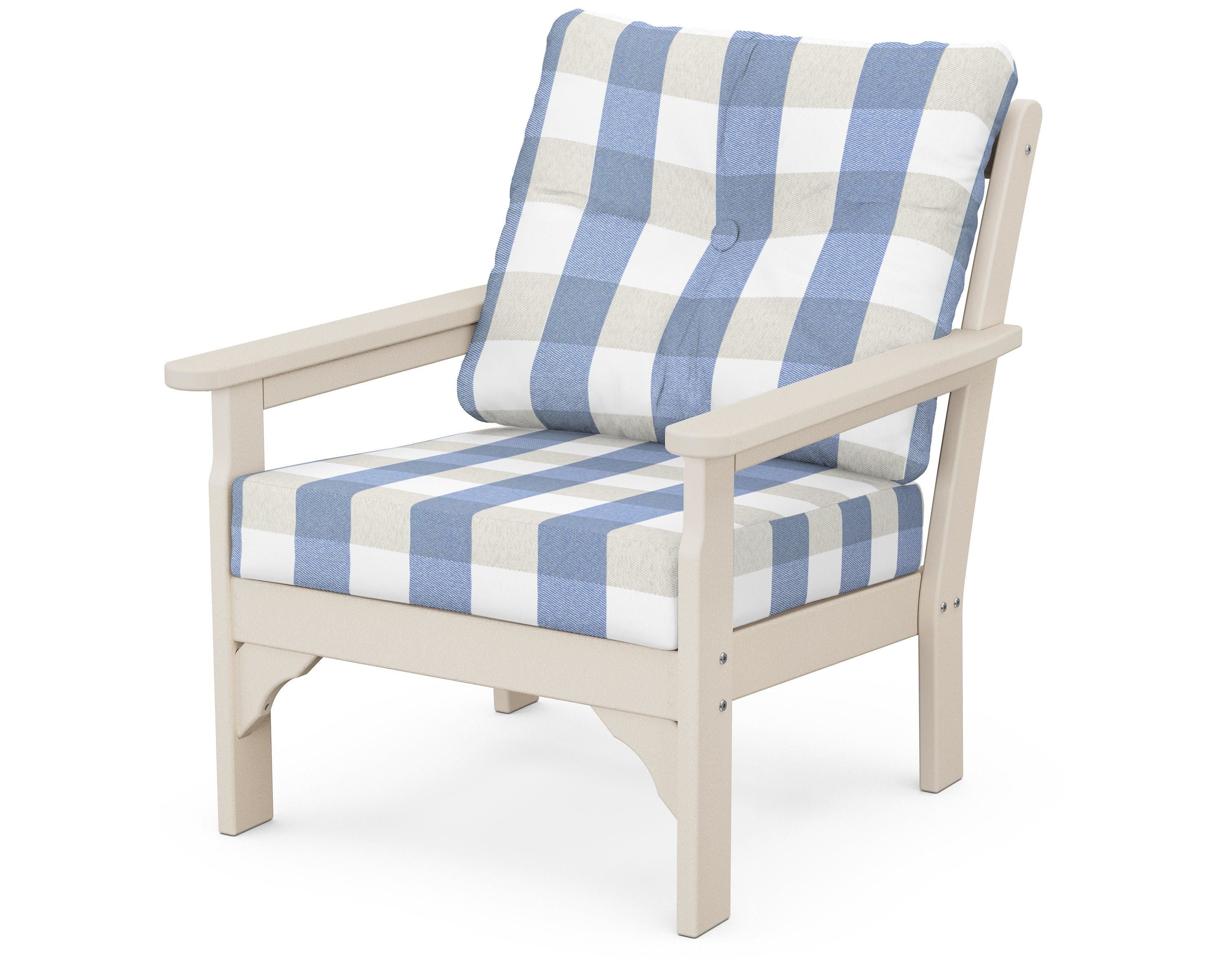 POLYWOOD® Vineyard Deep Seating Chair in Sand / Buffalo Plaid Sky Blue