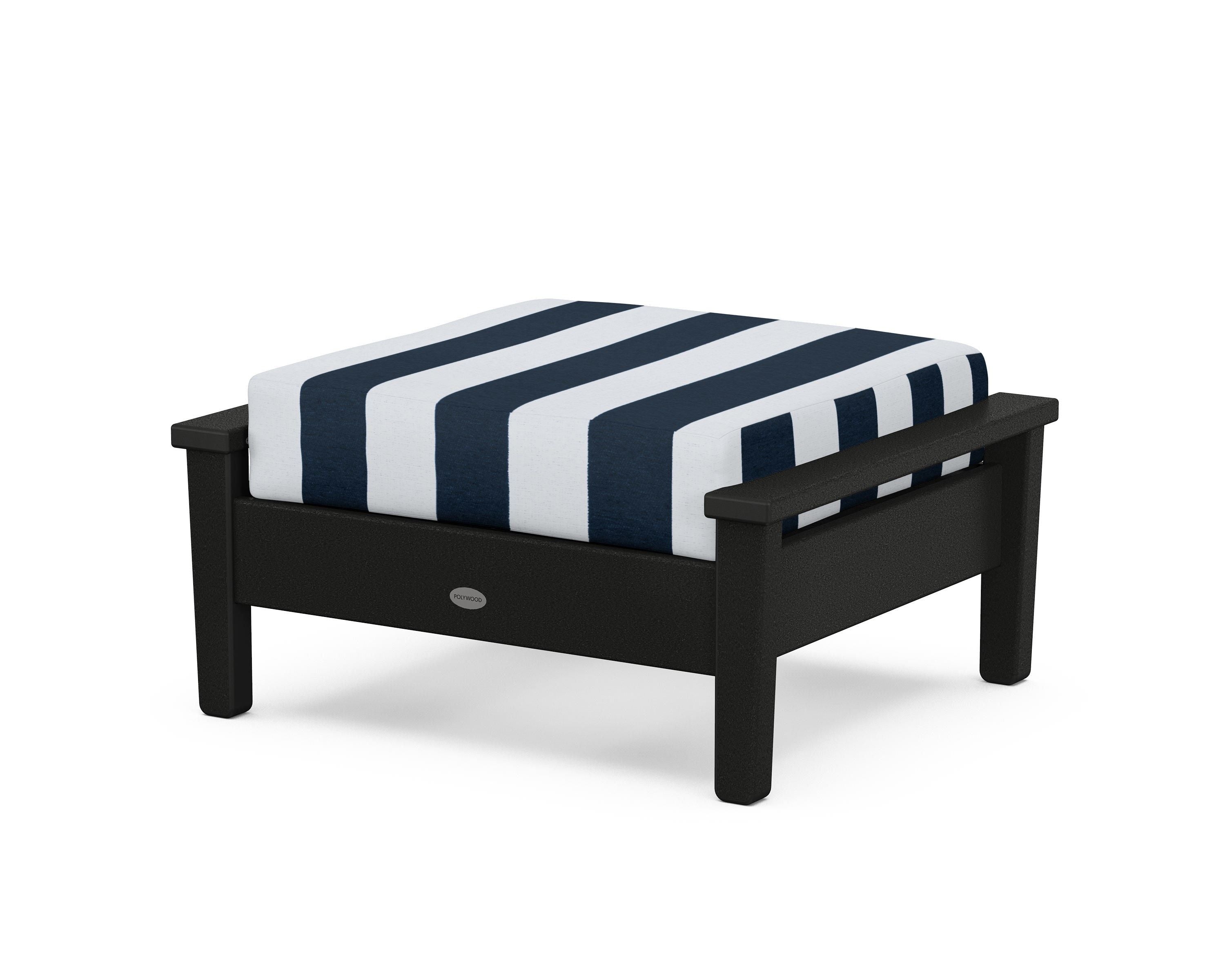 POLYWOOD® Prescott Deep Seating Ottoman in Black / Cabana Stripe Marine Indigo