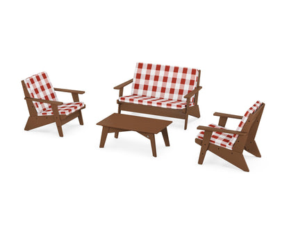 POLYWOOD® Riviera Modern Lounge 4-Piece Set in Teak / Buffalo Plaid Crimson