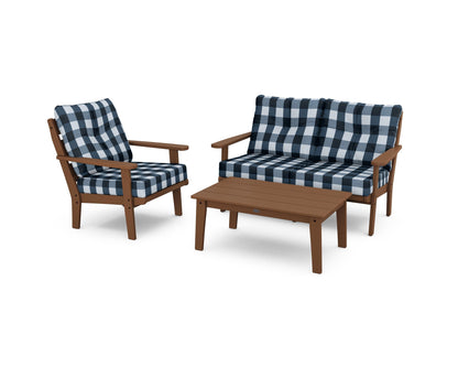 POLYWOOD® Lakeside 3-Piece Deep Seating Set in Teak / Buffalo Plaid Marine Indigo