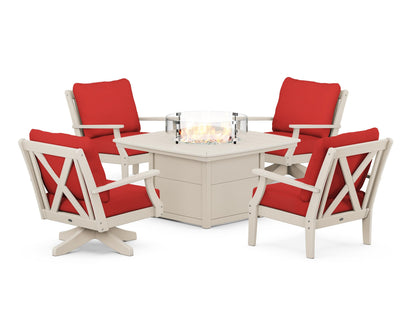 POLYWOOD® Braxton 5-Piece Deep Seating Set with Fire Table in Sand / Crimson Linen