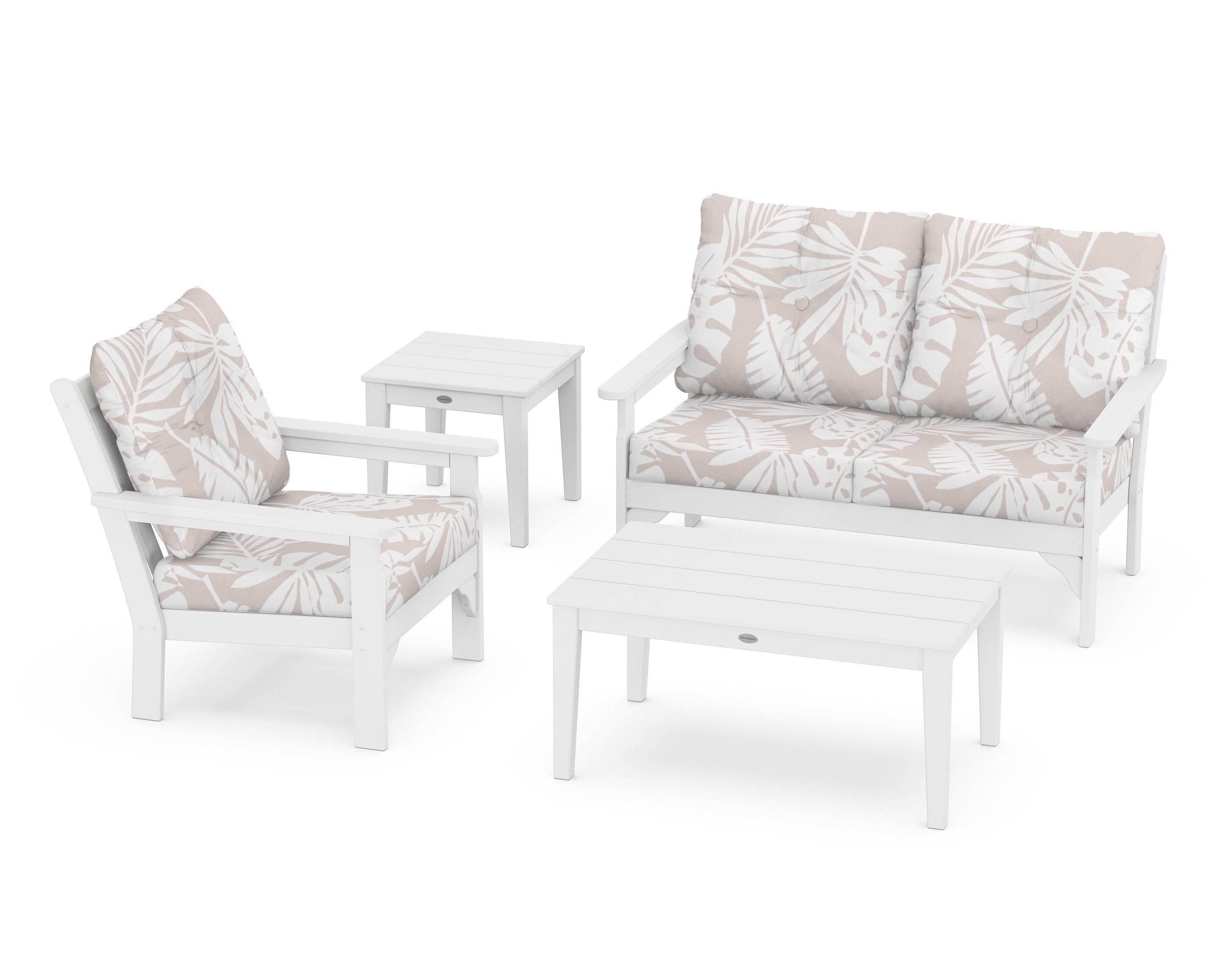 POLYWOOD® Vineyard 4-Piece Deep Seating Set in White / Leaf Dune Burlap