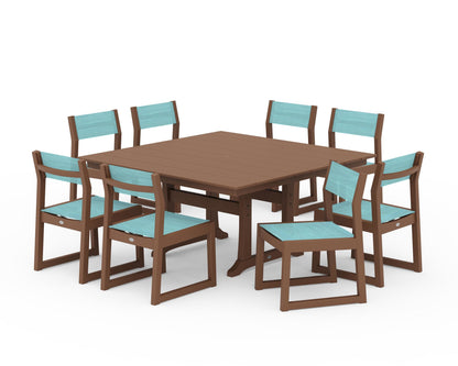 POLYWOOD® EDGE Sling Side Chair 9-Piece Farmhouse Trestle Dining Set in Teak / Dupioni Aquamarine Sling