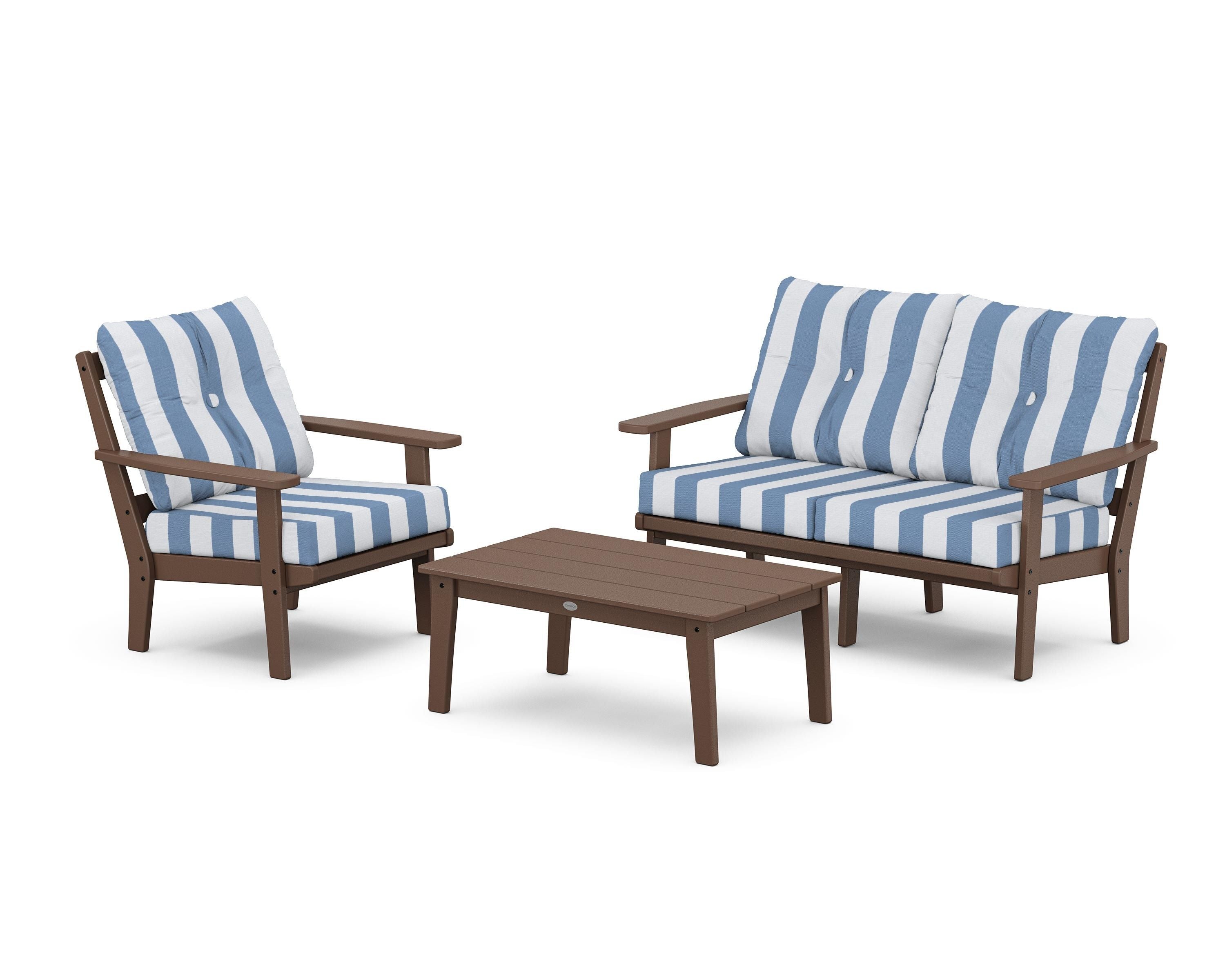 POLYWOOD® Prairie 3-Piece Deep Seating Set with Loveseat in Mahogany / Cabana Stripe Sky Blue