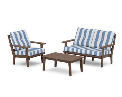 POLYWOOD® Prairie 3-Piece Deep Seating Set with Loveseat in Mahogany / Cabana Stripe Sky Blue