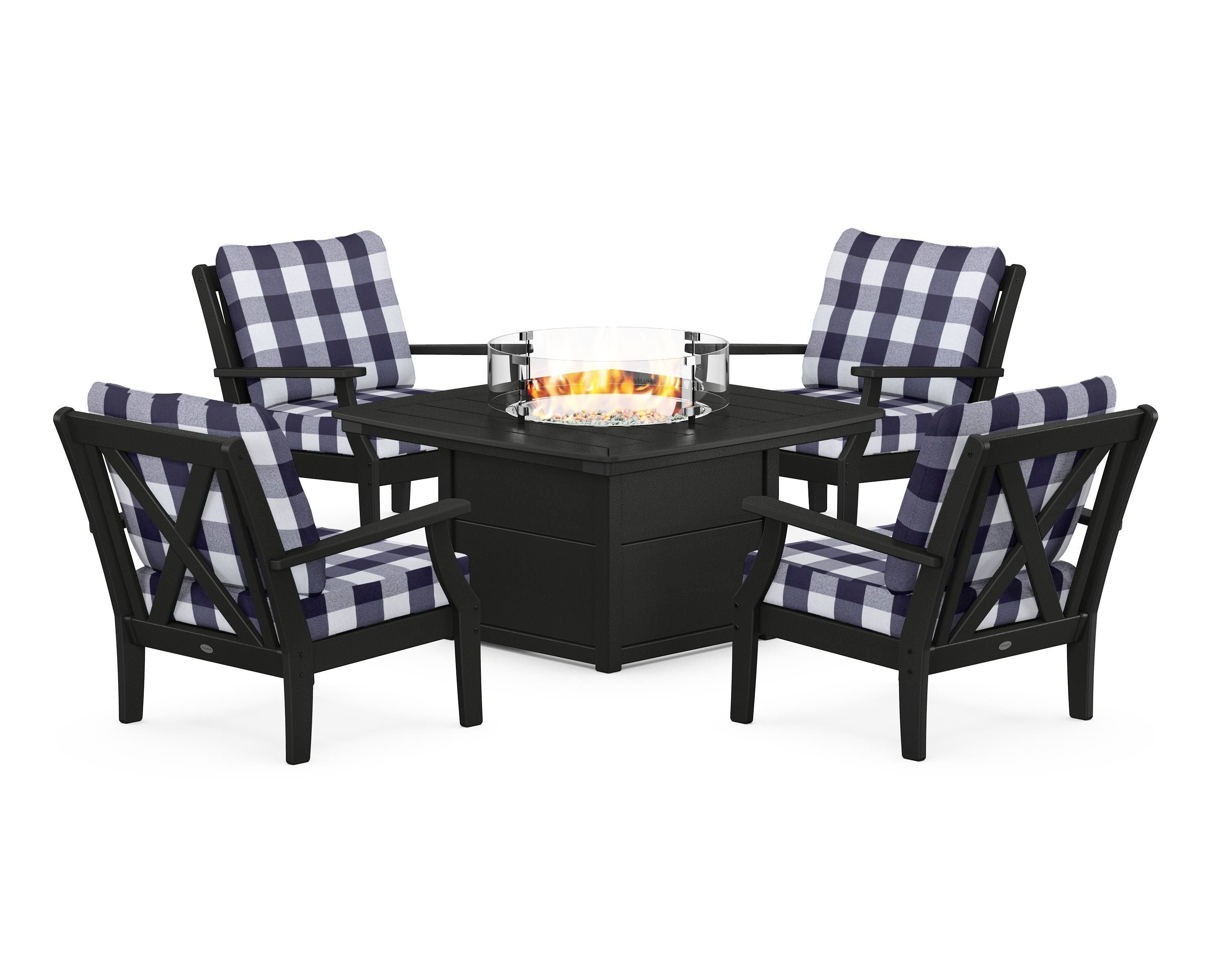 POLYWOOD® Braxton 5-Piece Deep Seating Conversation Set with Fire Pit Table in Black / Buffalo Plaid Navy