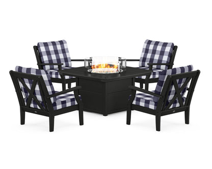 POLYWOOD® Braxton 5-Piece Deep Seating Conversation Set with Fire Pit Table in Black / Buffalo Plaid Navy