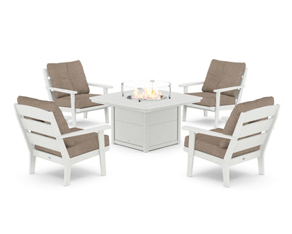 POLYWOOD® Lakeside 5-Piece Deep Seating Set with Nautical Fire Pit Table in White / Spiced Burlap
