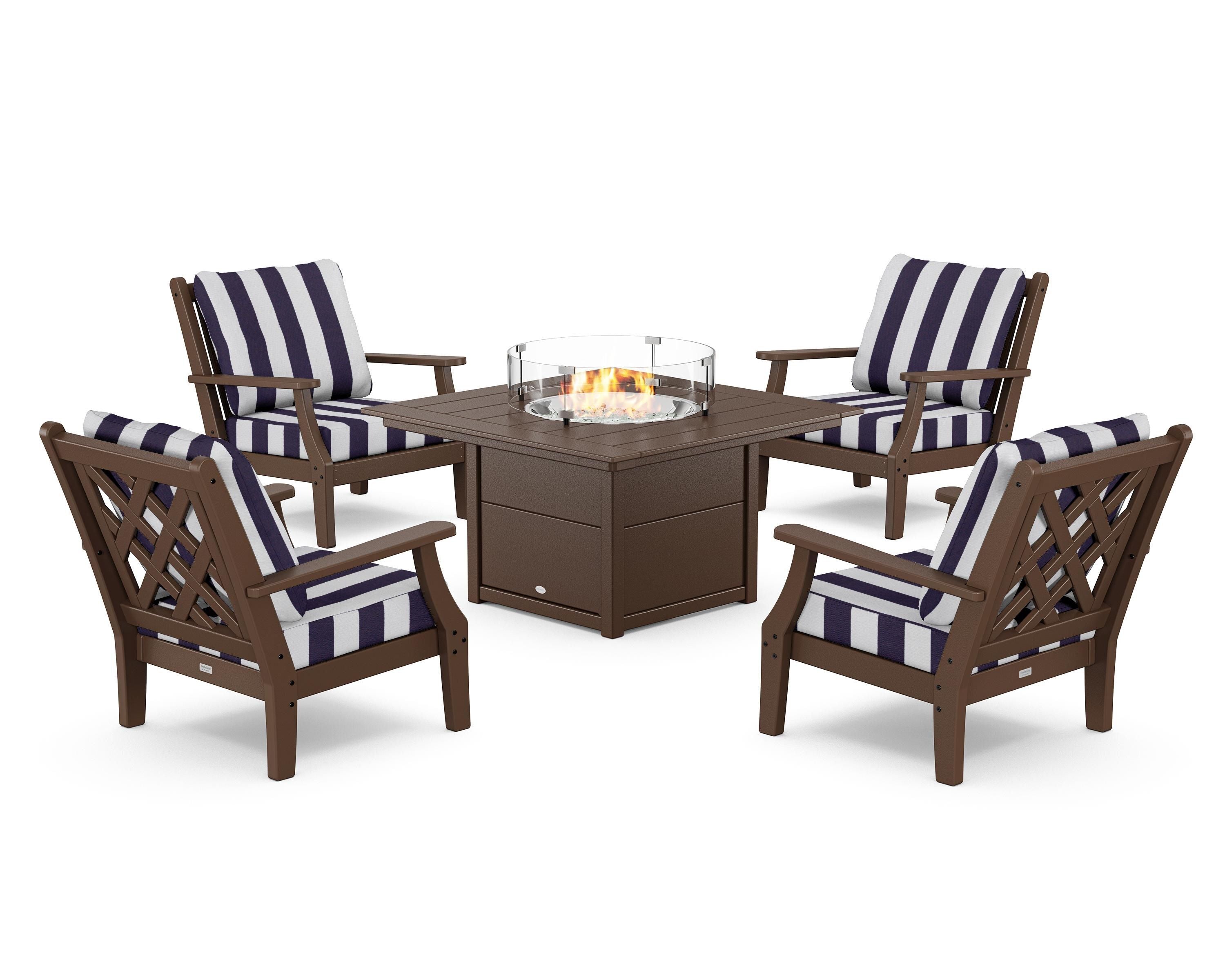 Country Living Wovendale 5-Piece Deep Seating Set with Fire Pit Table in Mahogany / Cabana Stripe Navy
