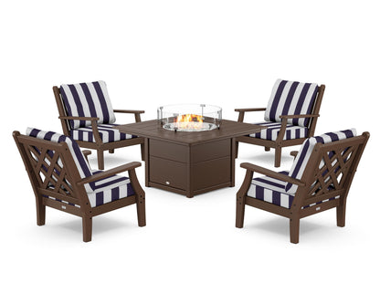 Country Living Wovendale 5-Piece Deep Seating Set with Fire Pit Table in Mahogany / Cabana Stripe Navy
