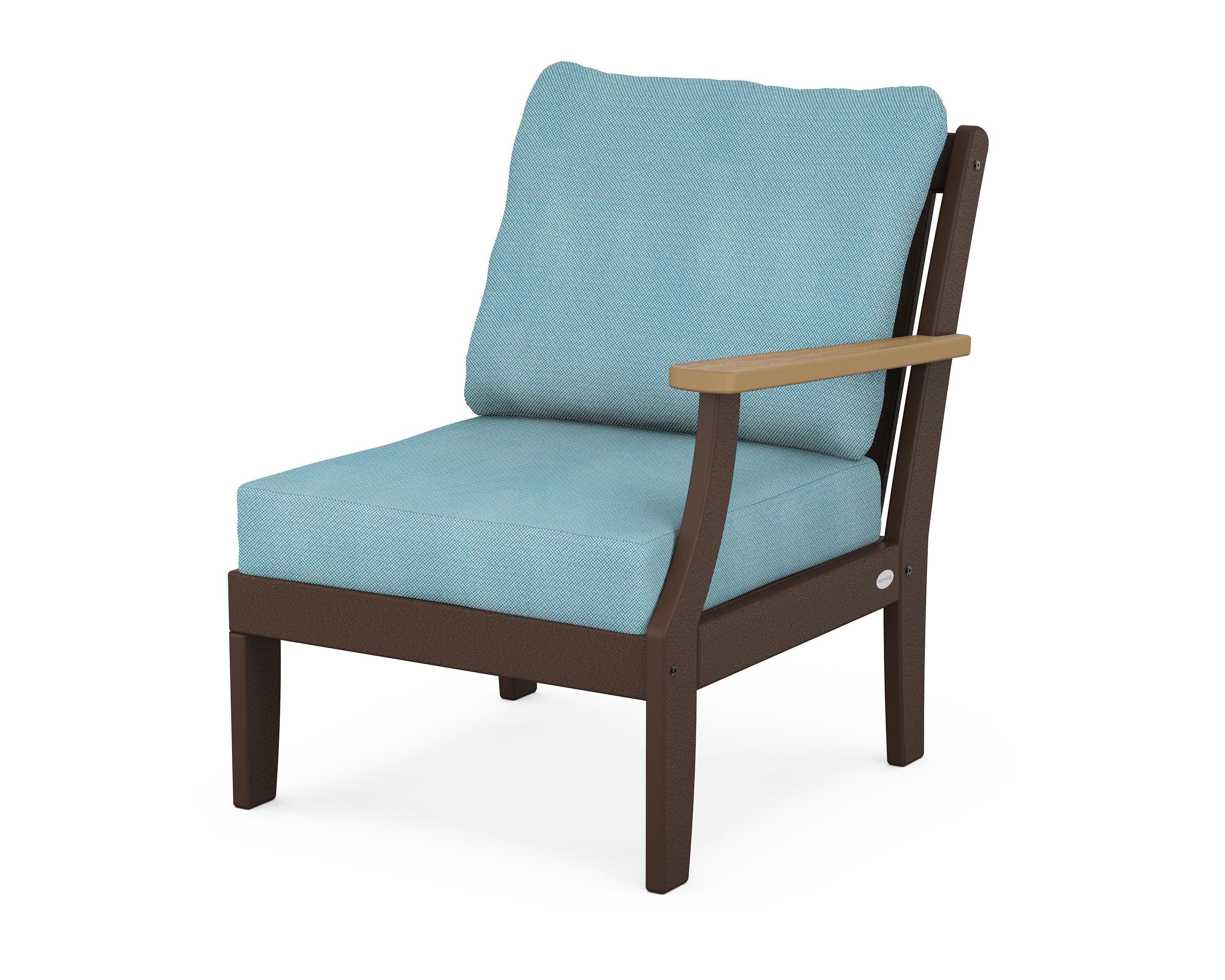 POLYWOOD® Braxton Modular Right Arm Chair in Mahogany / Natural / Lattice Sky Blue