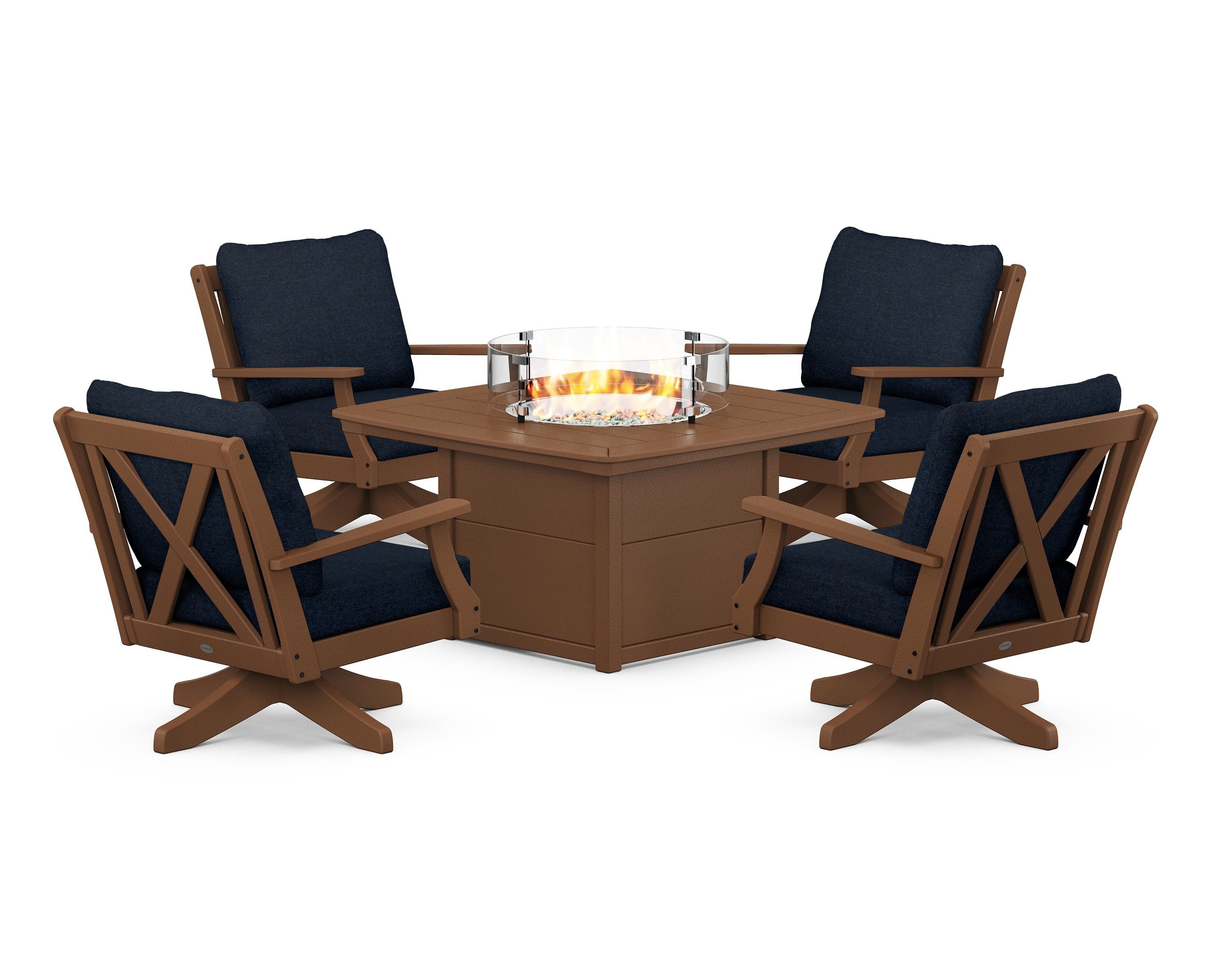 POLYWOOD® Braxton 5-Piece Deep Seating Swivel Conversation Set with Fire Pit Table in Teak / Marine Indigo