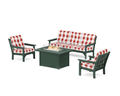 POLYWOOD® Vineyard Deep Seating Fire Pit Table Set in Green / Buffalo Plaid Crimson