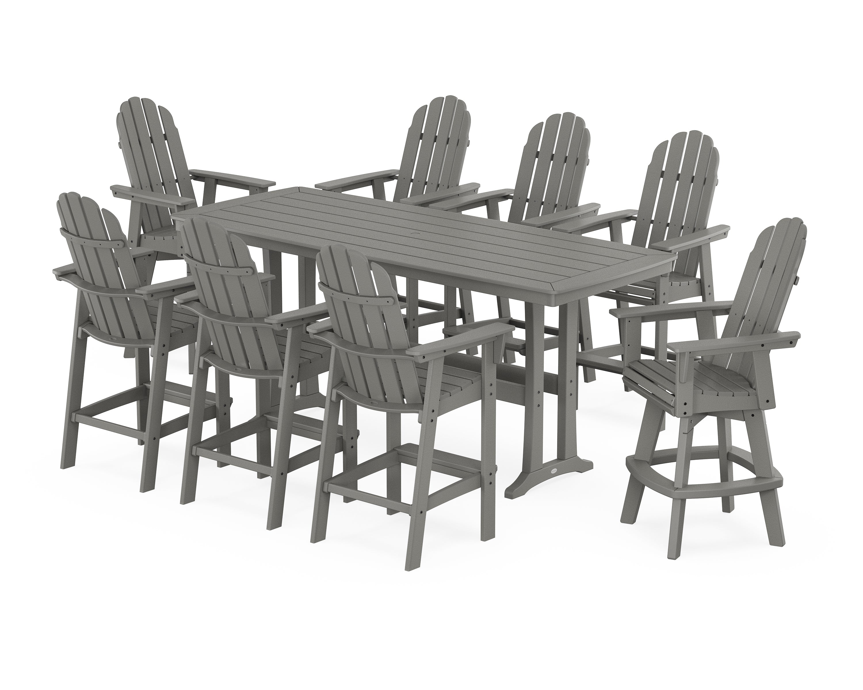 POLYWOOD® Vineyard Curveback Adirondack Swivel 9-Piece Bar Set with Trestle Legs in Slate Grey