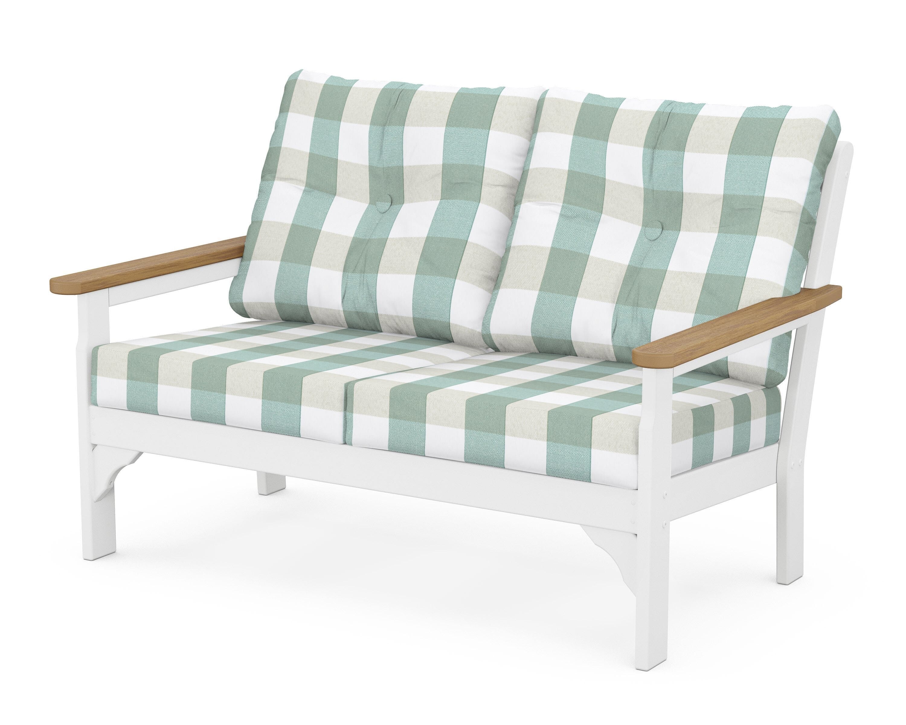 POLYWOOD® Vineyard Deep Seating Loveseat in White / Natural / Buffalo Plaid Glacier Spa