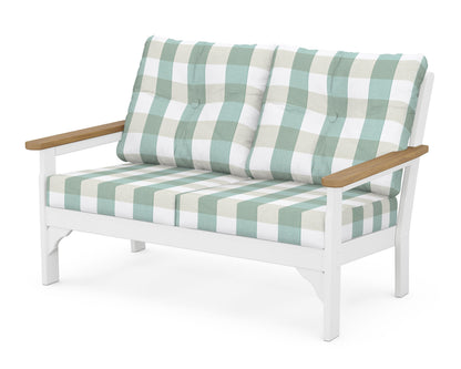 POLYWOOD® Vineyard Deep Seating Loveseat in White / Natural / Buffalo Plaid Glacier Spa