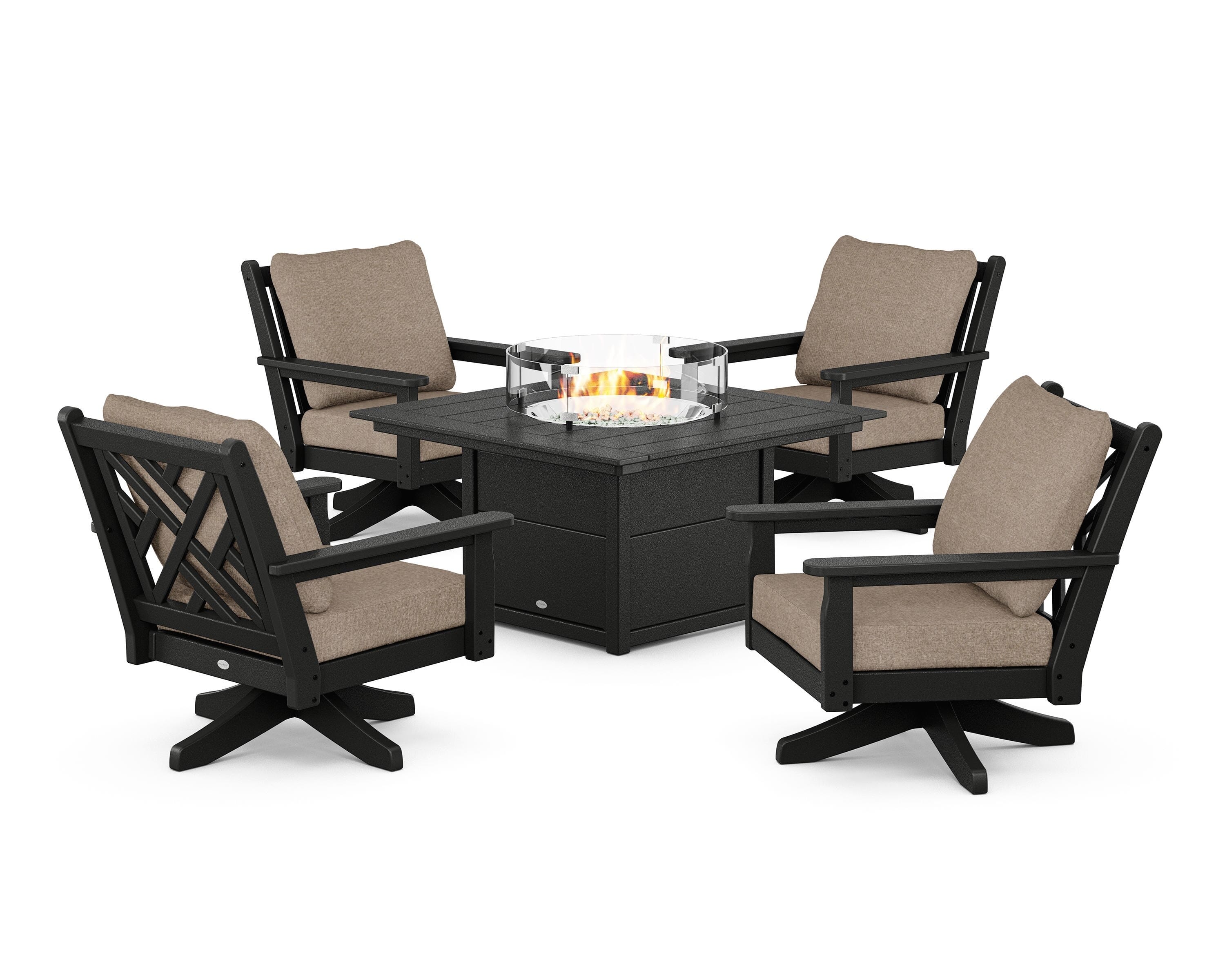 POLYWOOD® Chippendale 5-Piece Deep Seating Swivel Conversation Set with Fire Pit Table in Black / Spiced Burlap