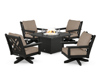 POLYWOOD® Chippendale 5-Piece Deep Seating Swivel Conversation Set with Fire Pit Table in Black / Spiced Burlap