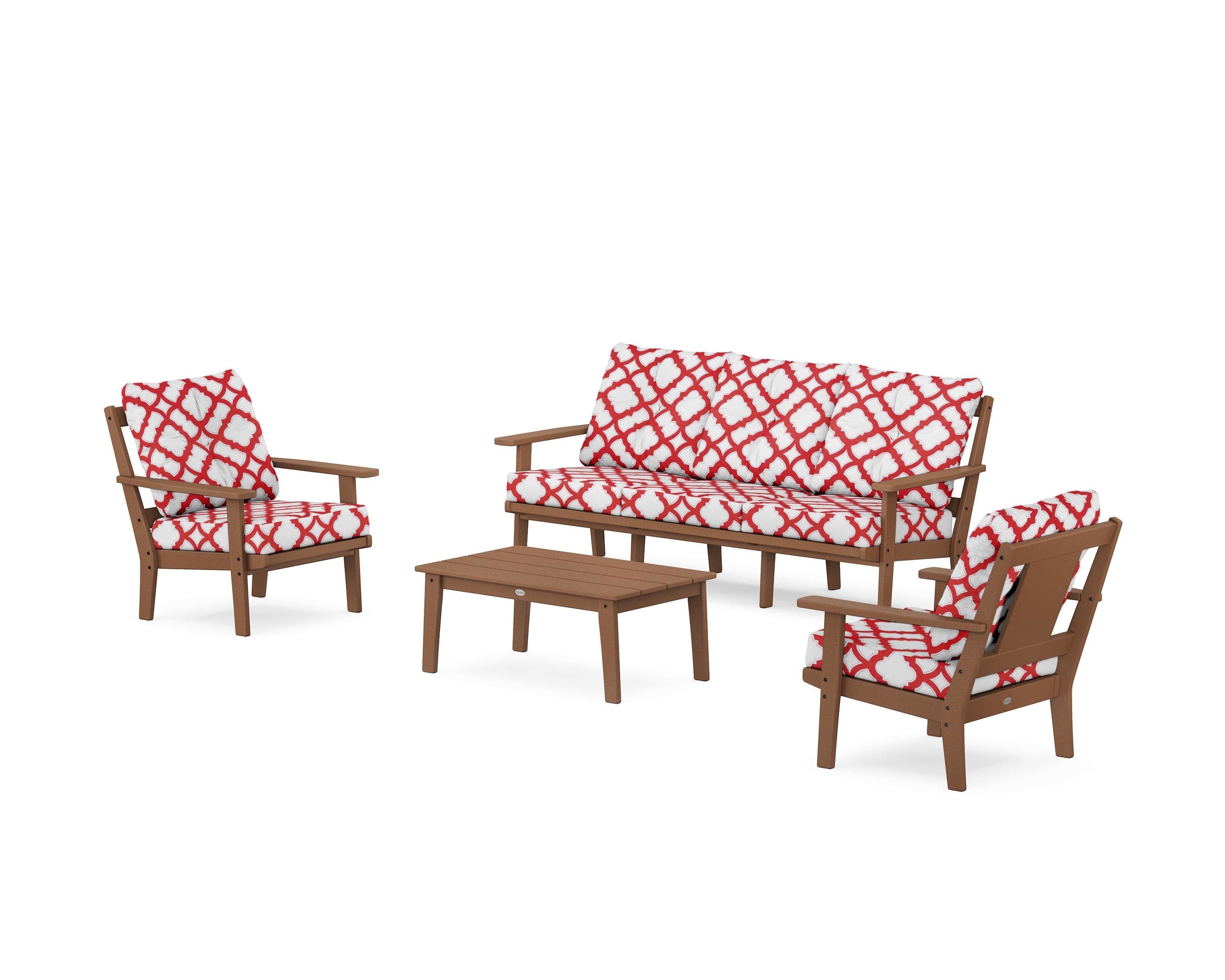POLYWOOD® Prairie 4-Piece Deep Seating Set with Sofa in Teak / Trellis Crimson