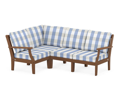 POLYWOOD® Braxton Modular 4-Piece Deep Seating Set in Teak / Buffalo Plaid Sky Blue