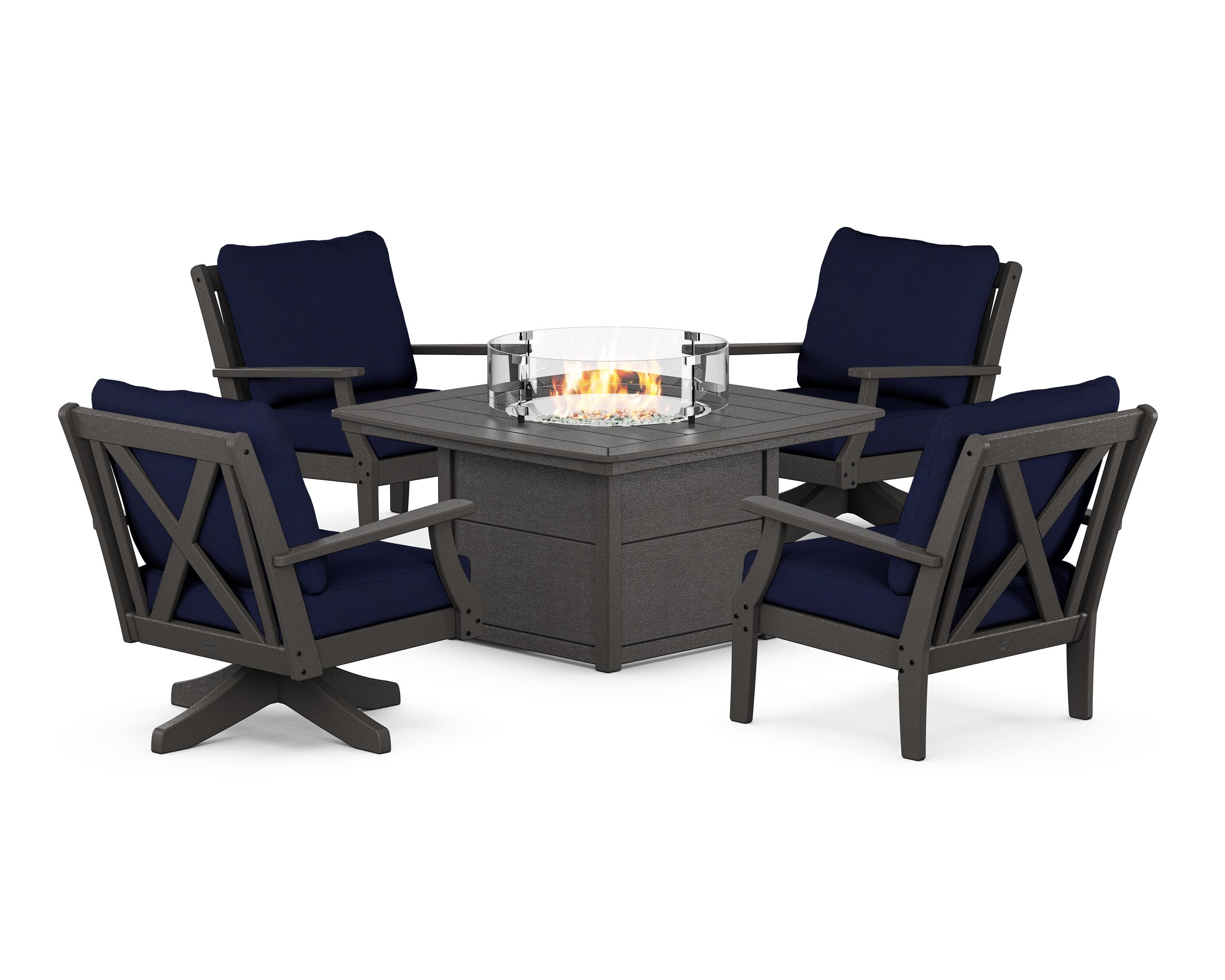 POLYWOOD® Braxton 5-Piece Deep Seating Set with Fire Table in Vintage Coffee / Navy