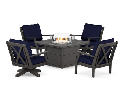 POLYWOOD® Braxton 5-Piece Deep Seating Set with Fire Table in Vintage Coffee / Navy