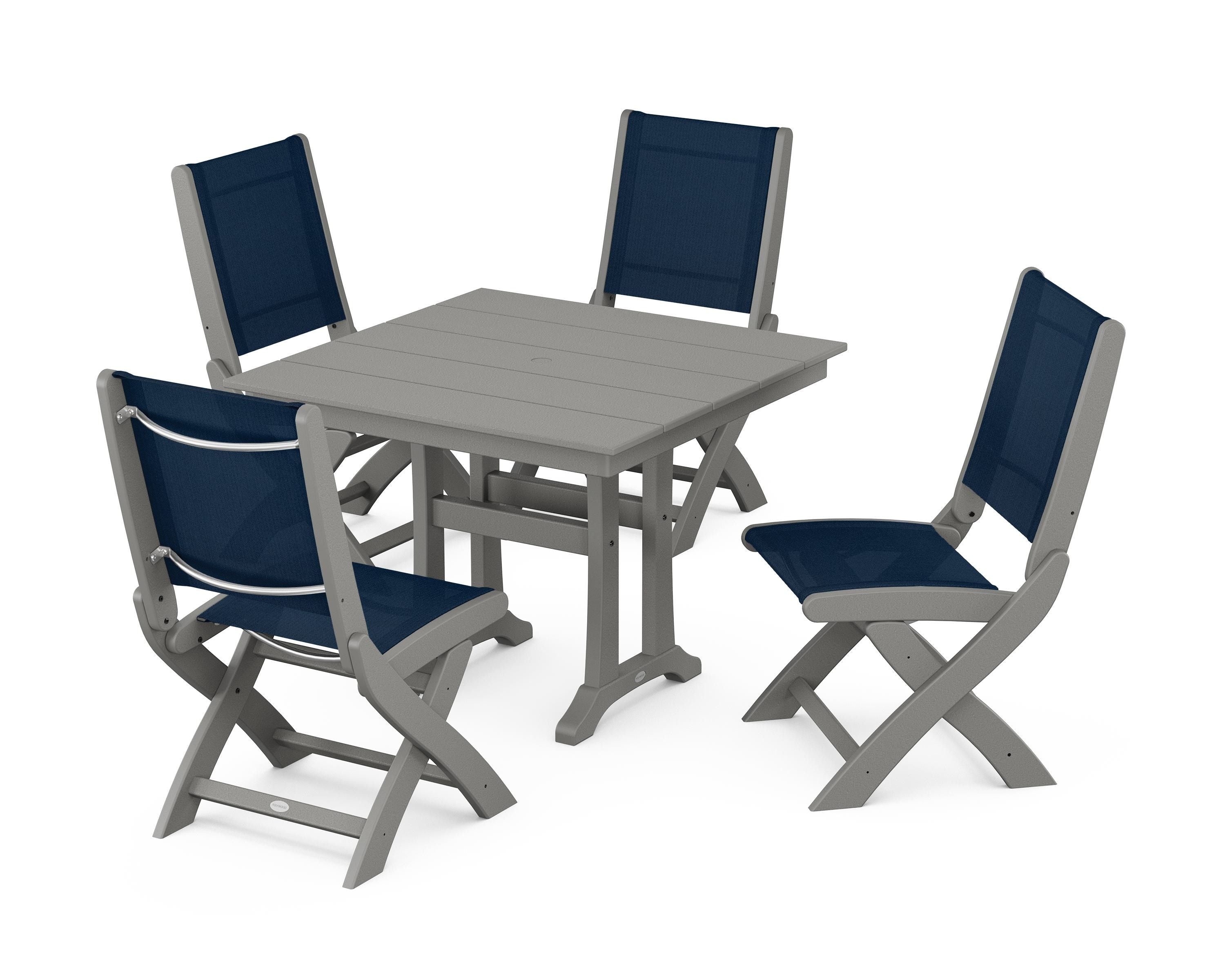 POLYWOOD® Coastal Folding Side Chair 5-Piece Farmhouse Dining Set With Trestle Legs in Slate Grey / Navy Blue Sling