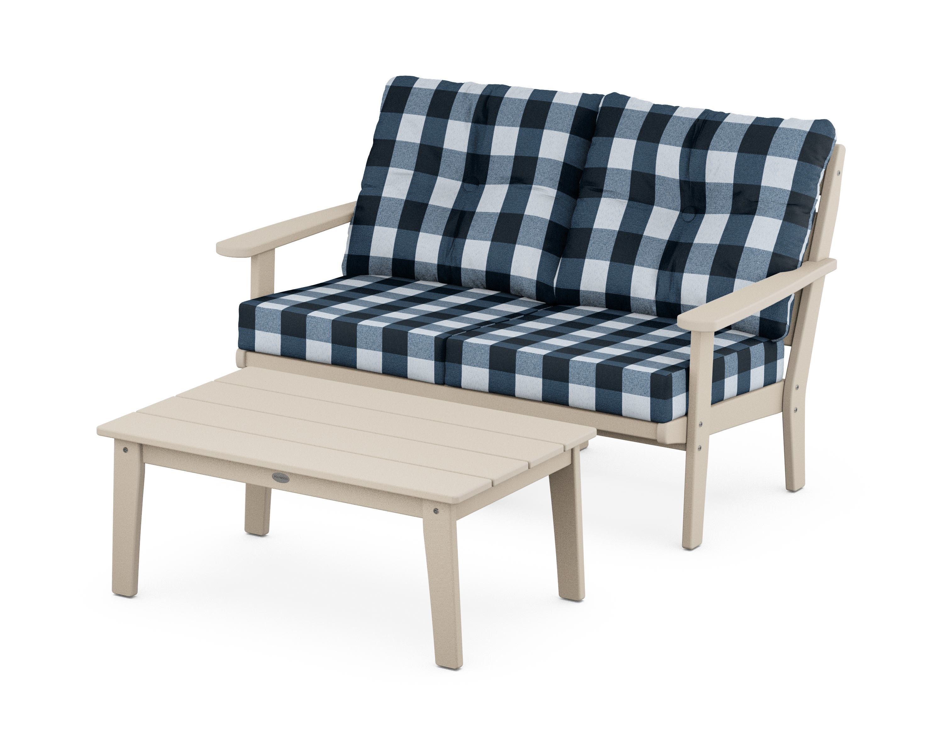 POLYWOOD® Lakeside 2-Piece Lounge Loveseat Set in Sand / Buffalo Plaid Marine Indigo