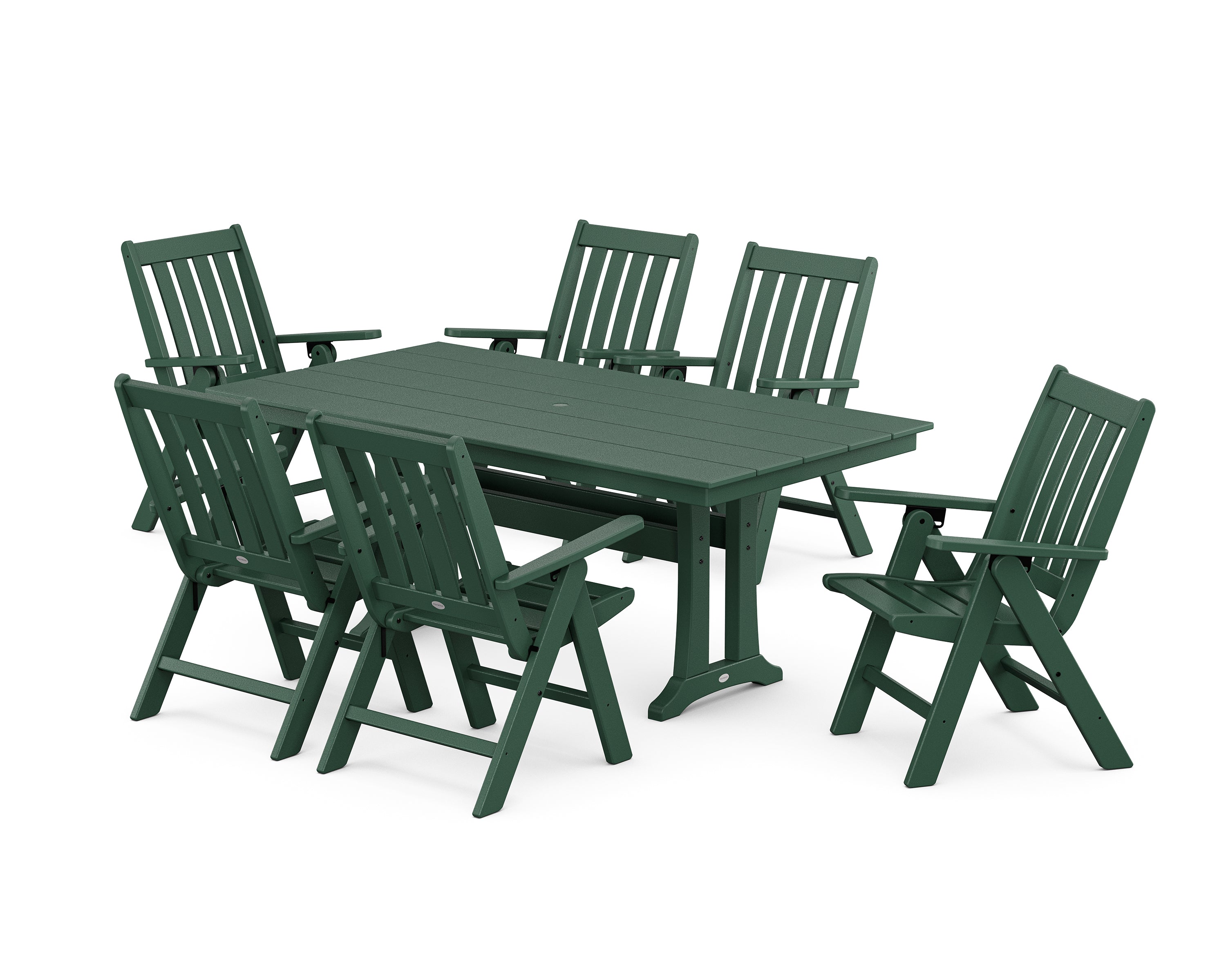 POLYWOOD® Vineyard Folding Chair 7-Piece Farmhouse Dining Set with Trestle Legs in Green