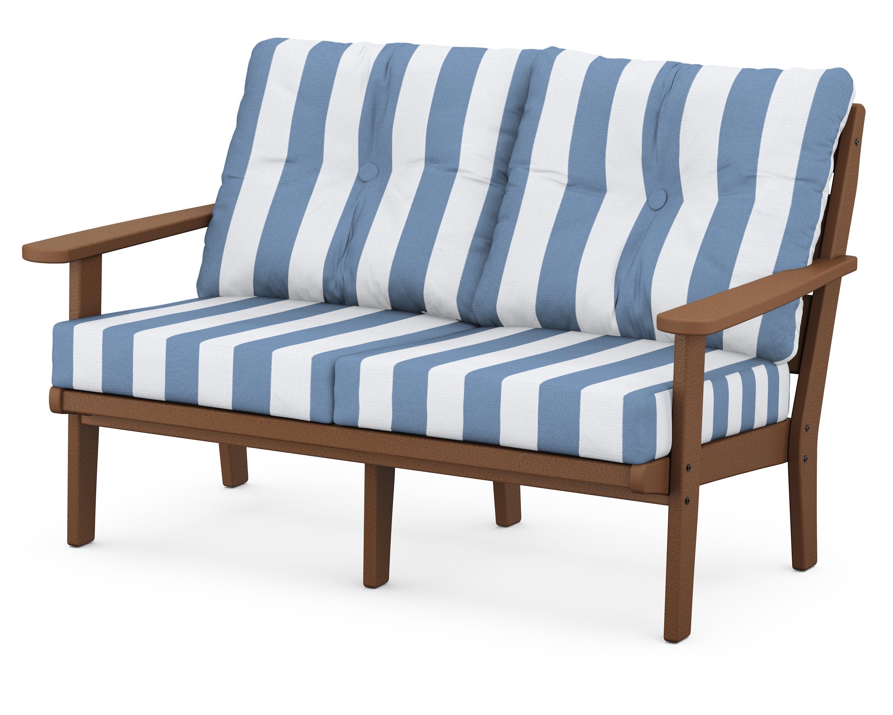 POLYWOOD® Lakeside Deep Seating Loveseat in Teak / Cabana Stripe Sky Blue